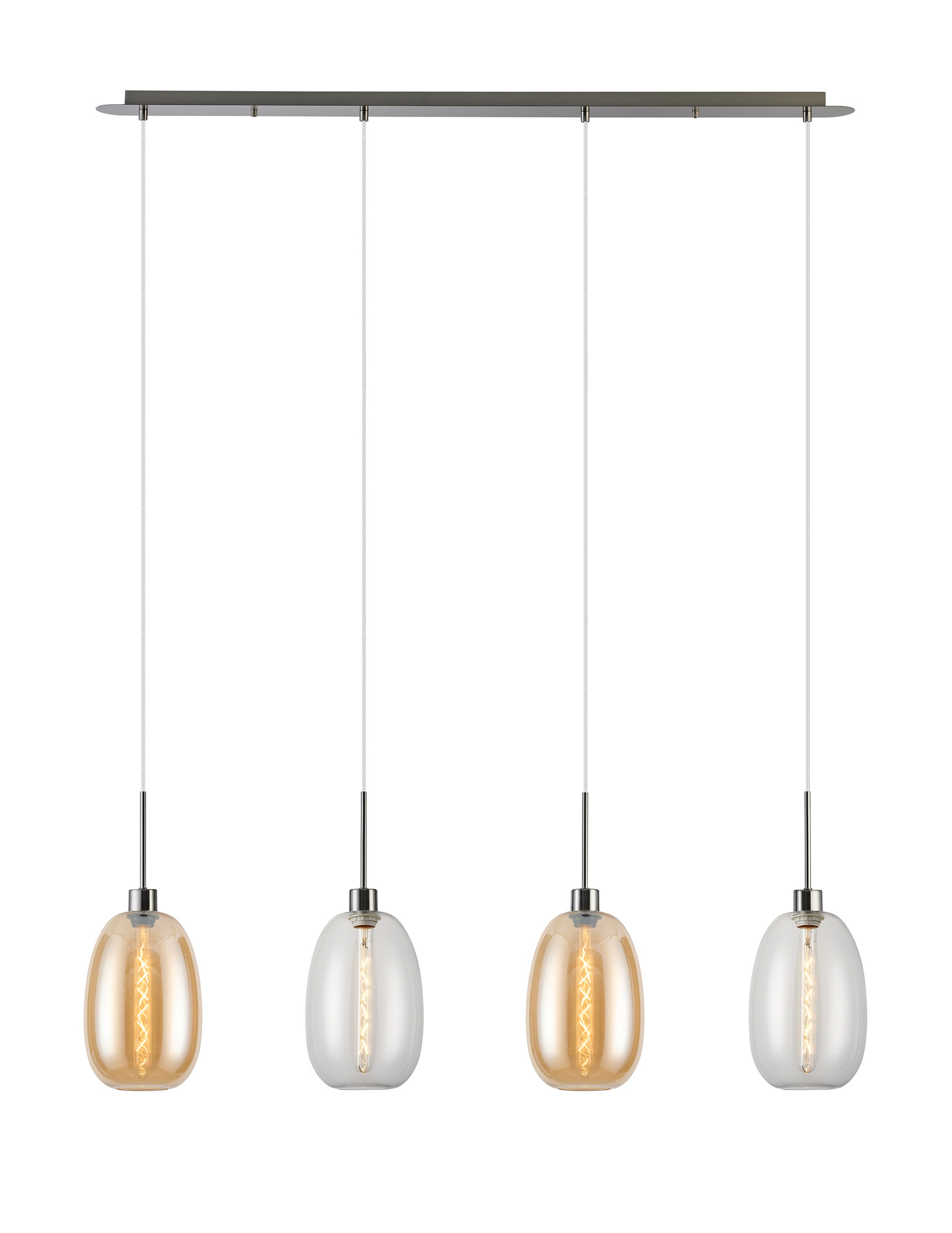 DK1405  Lori Linear Pendant, 4 Light Adjustable E27, Satin Nickel/Clear/Amber Slim Curved Trapezium Shades